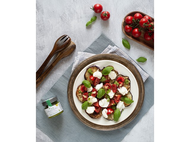 Caprese con melanzane grigliate e Pesto di Pra’