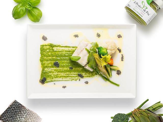 White fish with steamed vegetables and Genoese Pes