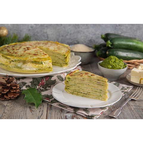 Torta di crespelle con Pesto di Pra’, crema di taleggio e verdure