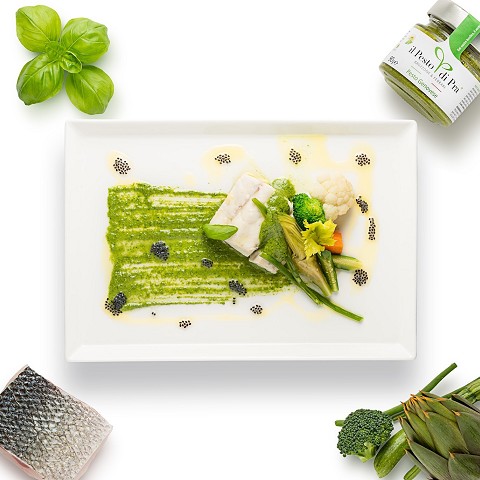 White fish with steamed vegetables and Genoese Pesto